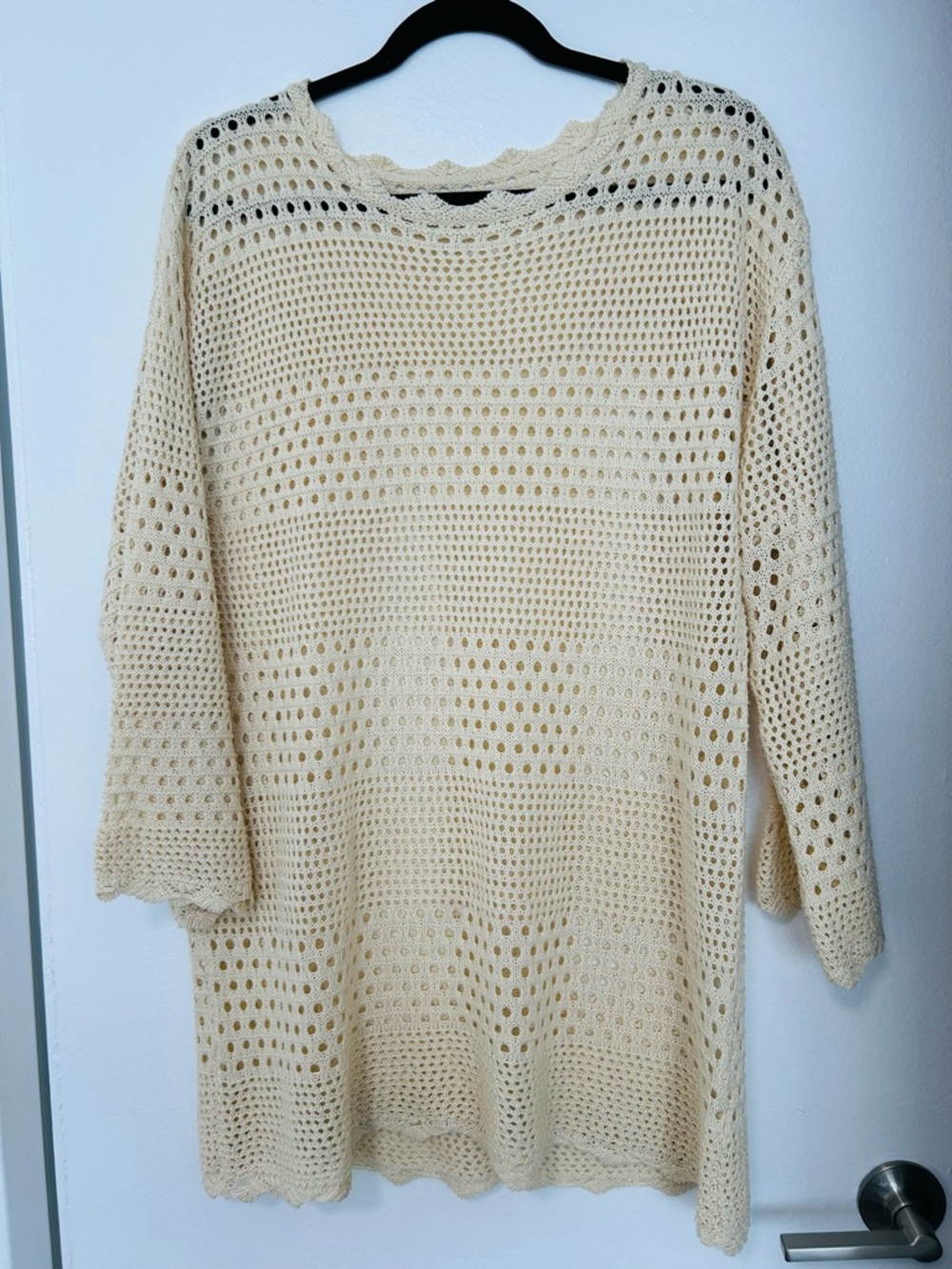 Women's Crochet Tunic Swim Cover Up Beige Festival Boho Beach Indie Flare Sleeve